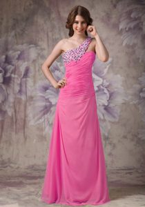 One Shoulder Long Rose Pink Ruched Evening Party Dress with Beading