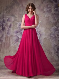 Custom Made V-neck Hot Pink Formal Evening Dress with Ruching