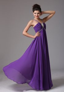 V-neck Long Purple Chiffon Ruched Evening Party Dress with Beading
