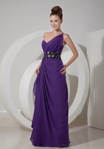 One Shoulder Long Purple Ruched Drapped Evening Dress with Beading