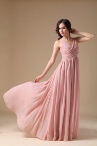 New V-neck Ruched Long Baby Pink Chiffon Dress for Formal Evening