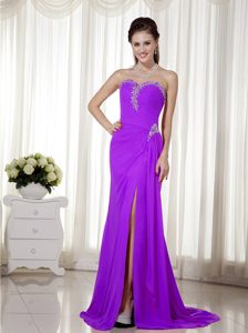 Sweetheart Purple Ruched Evening Party Dress with Beading and Slit