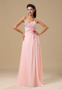 Ruched Sweetheart Long Baby Pink Beaded Evening Dress with Flowers
