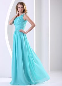 One Shoulder Long Aqua Blue Ruched Chiffon Evening Dress for Cheap