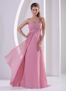 Latest Rose Pink One Shoulder Chiffon Evening Cocktail Dress with Beads