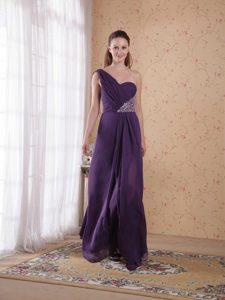 Formal Purple Empire Beaded One Shoulder Evening Party Dress in Chiffon