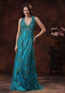 Sassy Halter Turquoise Evening Cocktail Dress with Appliques