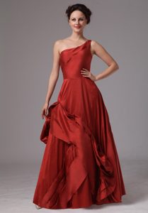 One Shoulder Taffeta Evening Formal Gowns in Wine Red with Zipper-up