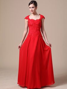 Top Lace Chiffon Red Maxi Evening Dresses to Floor with Square Neckline