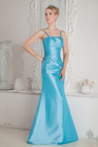 Fitted Aqua Blue Beading Ruche Maxi Evening Dress with Spaghetti Straps