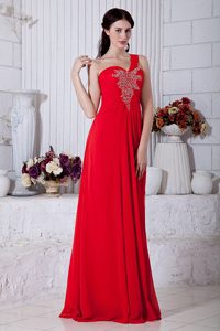 Simple Red Empire Chiffon Beading One Shoulder Evening Dress to Floor