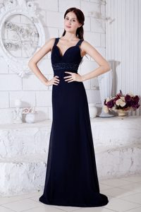 Impressive Navy Blue Empire Straps Evening Party Dress with Brush Train