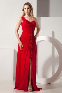 Special Red Empire One Shoulder Evening Dress for Celebrity with Flowers