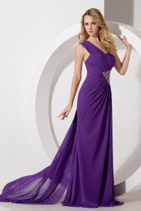 Unique Column One Shoulder Prom Evening Dresses with Beading in Purple