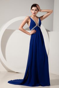 Exclusive V-neck Chiffon Beading Evening Formal Gowns in Peacock Blue