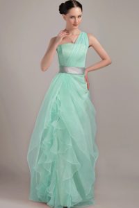Best Light Blue One Shoulder Ruffled Evening Party Dress with Silver Sash
