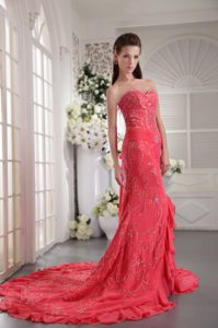 Beautiful Coral Red Sweetheart Court Train Chiffon Evening Party Dresses
