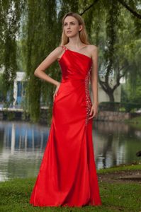 Red One Shoulder Long Taffeta Beading Evening Dress for Celebrity