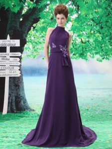 Traditional Purple High-neck Prom Evening Dresses with Sash and Flowers