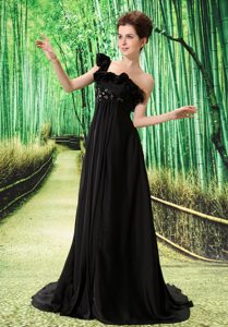 Classic One Shoulder Embroidery Chiffon Evening Cocktail Dress in Black