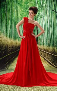 Timeless Red One Shoulder Ruched Evening Formal Gown with Court Train