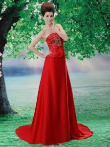 Beading Chiffon Court Train Strapless Maxi Evening Dresses in Red