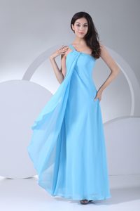 Aqua Blue One Shoulder Beading Evening Formal Gowns to Ankle-length