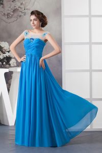 Wanted Beaded Ruched Off Shoulder Blue Chiffon Evening Party Dresses