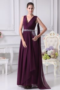 V-neck Righteous Evening Party Dresses with Beaded Sash to Ankle-length