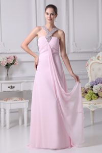 Ruching Homecoming Evening Dresses with Beaded Neckline in Baby Pink