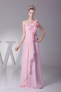 Uptown One Shoulder Evening Dresses with Hand Made Flowers in Pink