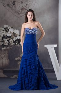 Evening Formal Gowns Dress with Beading and Ruffled Layer in Royal Blue