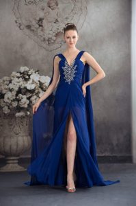 Multi-tiered Beaded Ruched Royal Blue Evening Dress with Watteau Train