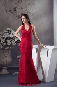 Nice Wine Red Halter-Top Evening Dresses with Embroidery and Beading