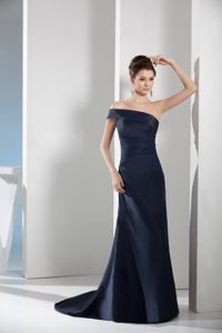 Asymmetrical Shoulder Sweep Train Evening Dresses in Satin in Navy Blue