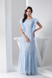 Provocative Ruffled Short Sleeves Scoop Prom Evening Dress in Light Blue