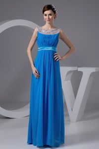Romantic Beading and Ruche Accent Long Scoop Evening Gowns in Blue