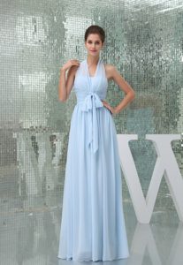 Exquisite Light Blue Halter Chiffon Ruching Sash Evening Dresses with Bow