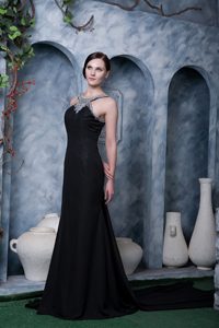 Bright Black Scoop Neckline Evening Party Dresses with Beading in Chiffon