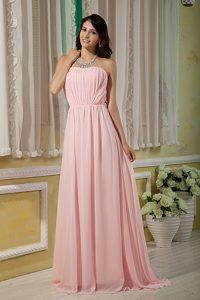 Unique Baby Pink Empire Strapless Chiffon Evening Dress with Brush Train
