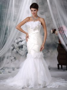 Strapless White Ruched Taffeta and Tulle Wedding Dress with Flowers