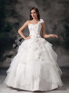 New White One Shoulder Ball Gown Layered Beaded Wedding Dress with Flowers