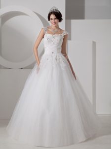 Fabulous Straps Long White Princess Tulle Wedding Dress with Appliques
