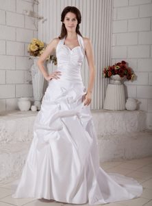 Halter White Taffeta Ruched Dress for Church Wedding with Pick-ups