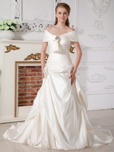 Champagne off-the-shoulder Court Train Taffeta Wedding Dresses with Pick-ups