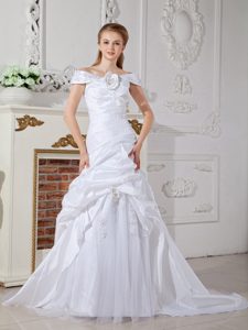 off-the-shoulder White Court Train Wedding Dresses with Pick-ups and Flowers
