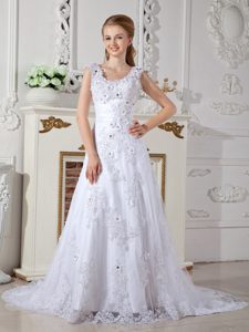 Scoop Straps Court Train White Lace Wedding Dress for Garden Wedding for Less