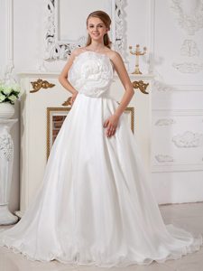 Brand New Strapless Court Train White Organza Wedding Dresses with Big Flower