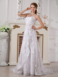 White Strapless Column Lace Wedding Dresses with Flower for Cheap