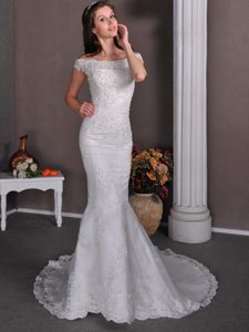 off-the-shoulder White Mermaid Taffeta Lace Wedding Dress on Sale